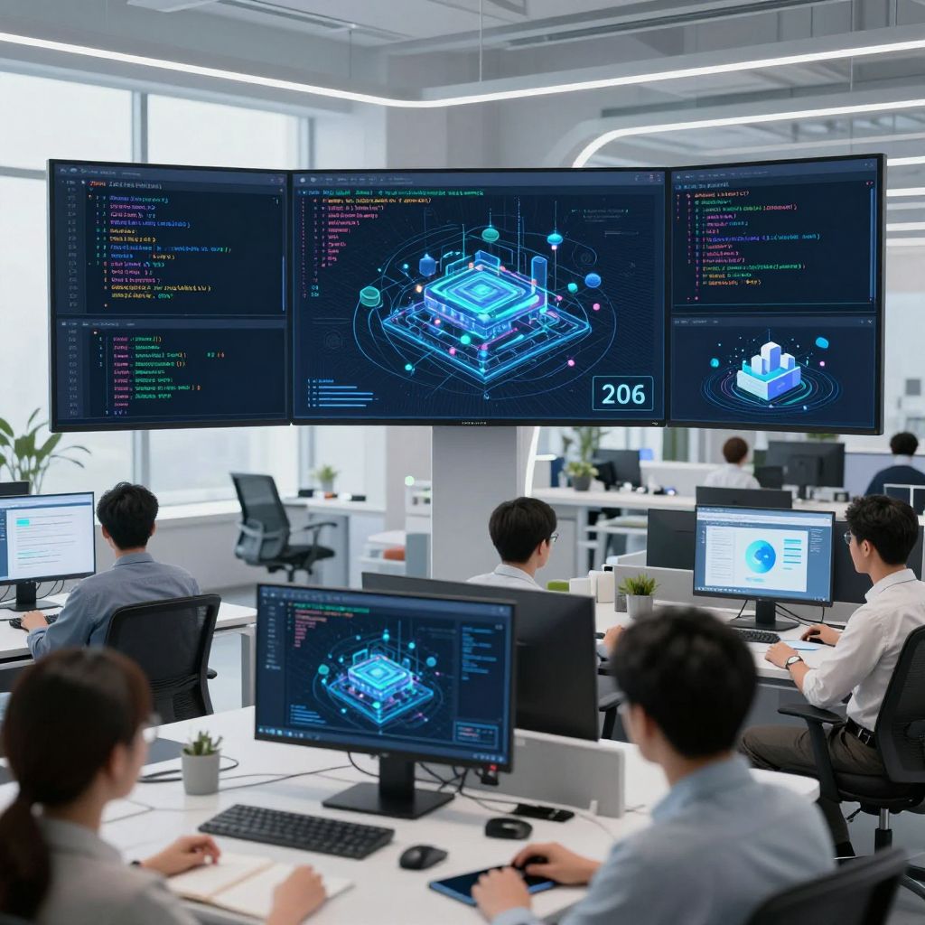 2026년의 AI 통합 DevOps 자동화가 진행되는 첨단 사무실 환경