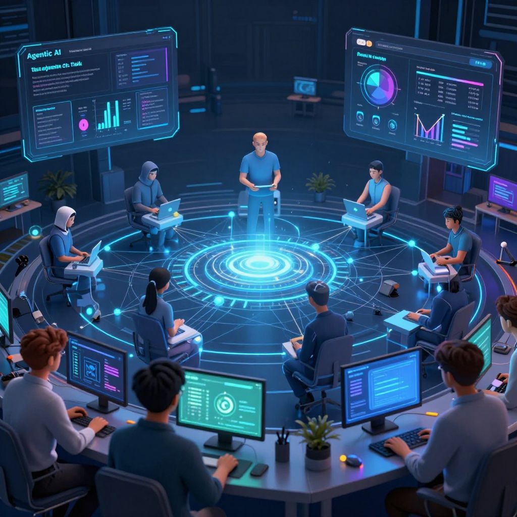 Agentic AI 기반 자동화로 반복 작업의 60~80%를 자동화하는 디지털 네트워크 및 개발자 모습