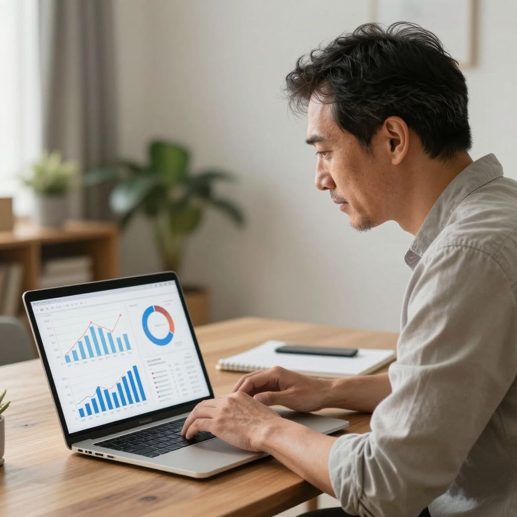 중장년 창업자가 집에서 노트북으로 시장 조사와 창업 아이디어를 찾는 모습