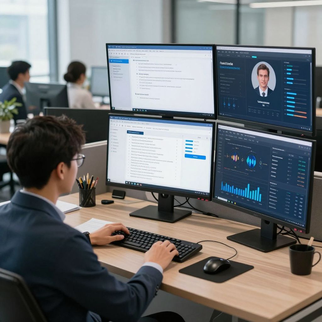 금융권 직장인들이 AI 에이전트를 활용해 다양한 업무를 수행하는 현대적 사무실 모습