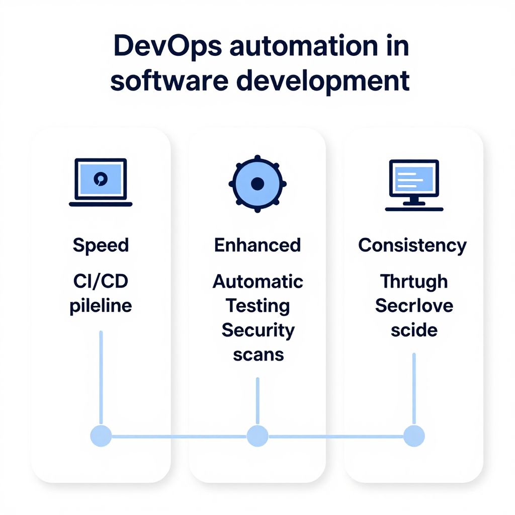DevOps 자동화의 3대 효과(속도 향상, 안정성 강화, 일관성 보장)를 나타내는 인포그래픽