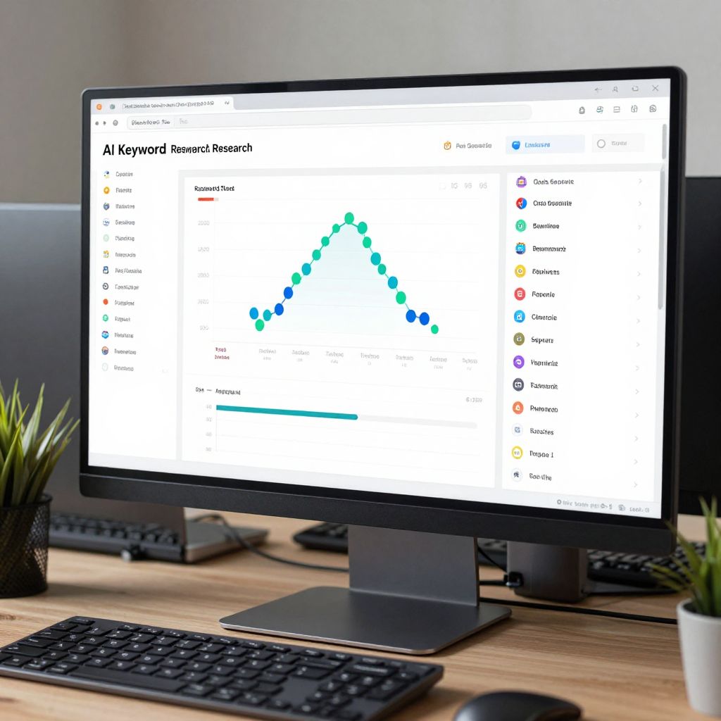 AI 키워드 리서치 도구를 사용하는 디지털 마케팅 작업 공간의 고화질 사진