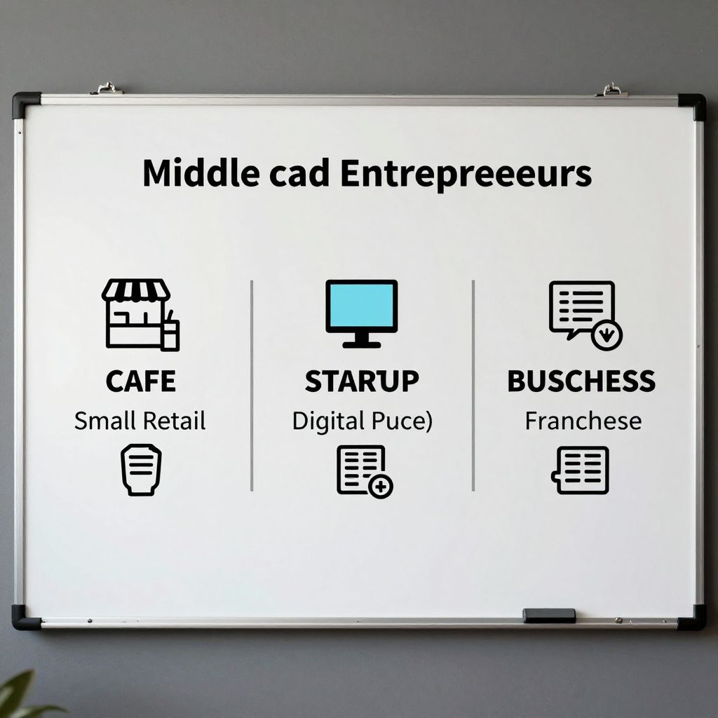 중장년층에게 유망한 소상공인, 기술 창업, 프랜차이즈 분야를 설명하는 비즈니스 컨셉 보드